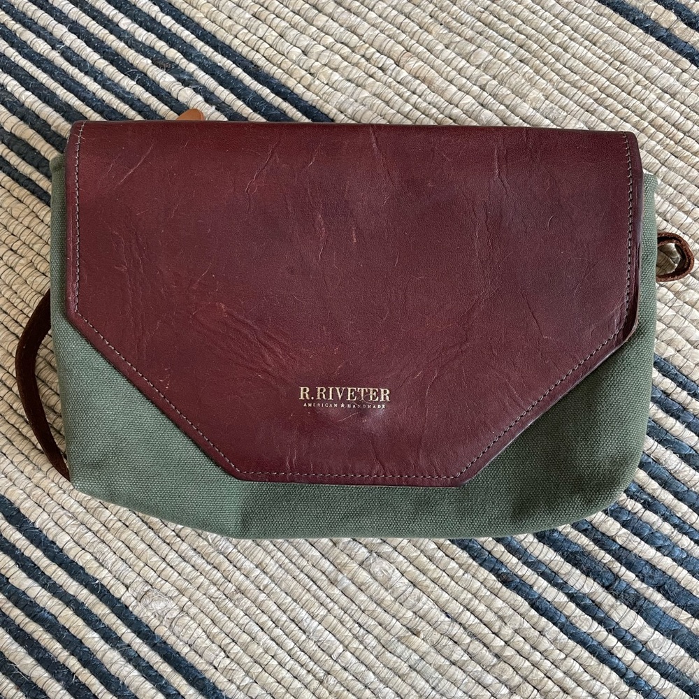 R Riveter Patton canvas and leather olive green crossbody purse